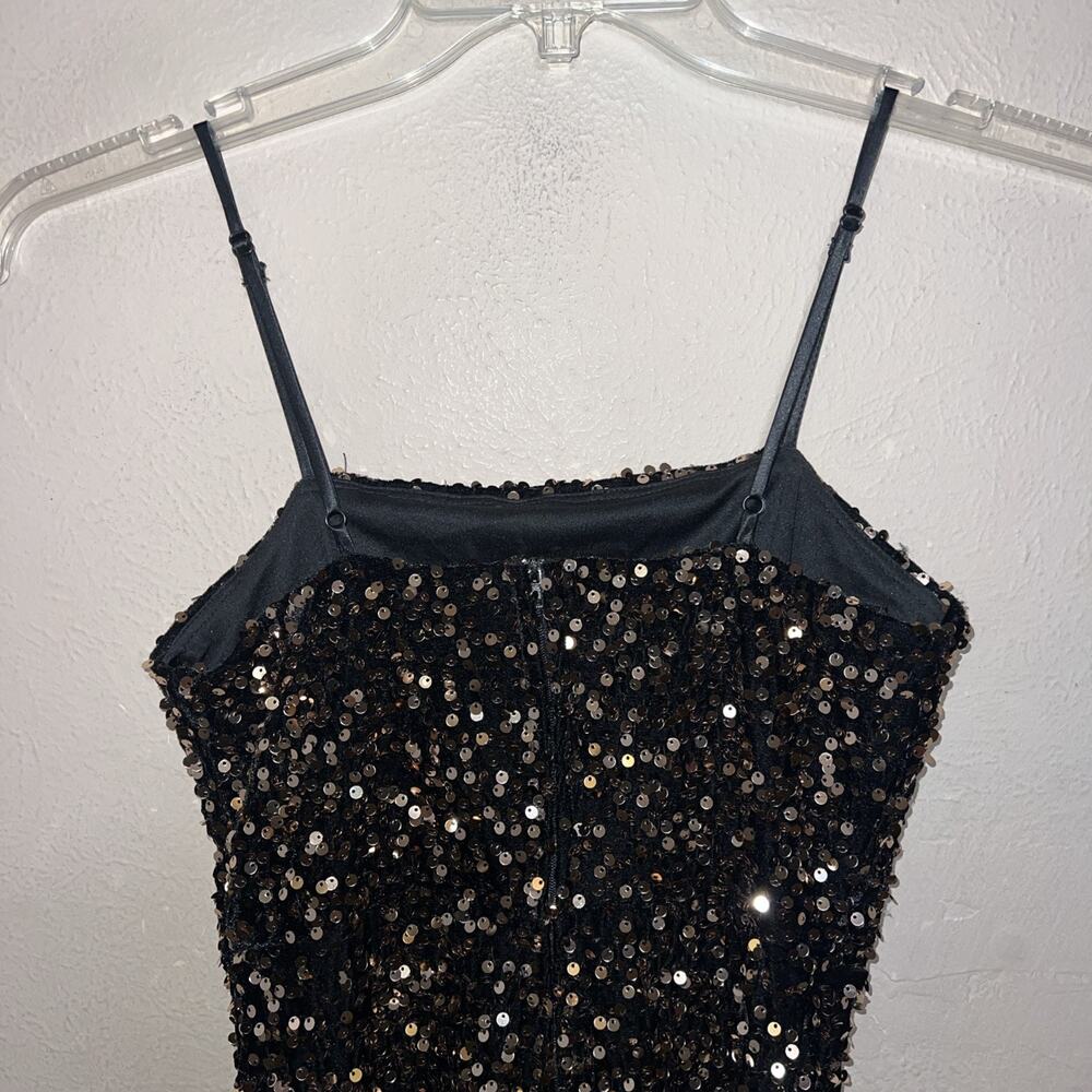 Crystal Sky Gold Sequin Mini Dress XS Black Metallic Spaghetti Strap Party Glam - Picture 8 of 14